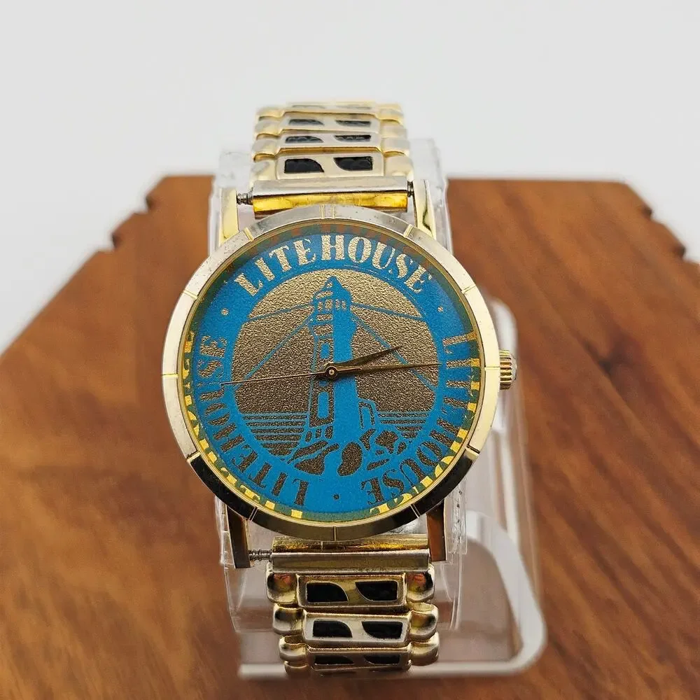 Lite House Novelty Dial Watch Gold Tone Vintage Stretch Pull On Great Lakes